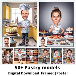 Retrato de desenho animado de pastelaria | Presente de pastelaria | Caricatura de pastelaria personalizada | Caricatura de pastelaria a partir de foto | Presente para amantes de pastelaria | Desenho animado de pastelaria