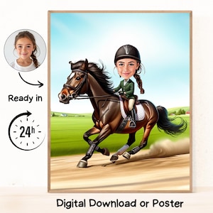 Personalised Dressage Cartoon Portrait, Custom Horse Rider Caricature Drawing, Funny Caricature, Gift for Her, Horse Lover, Horse Riding