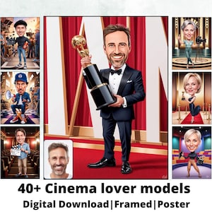 Award Oscar-cadeau | Karikatuur voor bioscoopliefhebbers| Aangepaste bioscoopkarikatuur | Bioscoopkarikatuur van foto | Cadeau voor bioscoopliefhebber