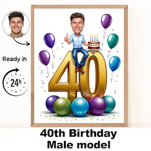 Portrait personnalisé de dessin animé pour 40e homme, caricature de 40e anniversaire, dessin animé d'anniversaire, cadeau d'anniversaire personnalisé, anniversaire d'homme, carte pour 40e anniversaire