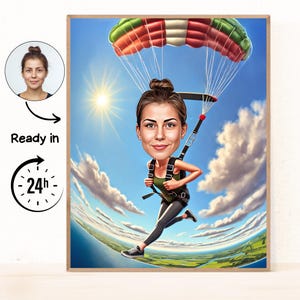 Skydiver Cartoon Drawing from Photo, female Skydiver Cartoon, Skydiver Caricature, Funny Skydiver Gift, Skydiving Portrait