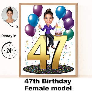 Portrait personnalisé de dessin animé de femme 47e, caricature de 47e anniversaire, dessin animé d'anniversaire, cadeau d'anniversaire personnalisé, anniversaire de femme, carte 47e