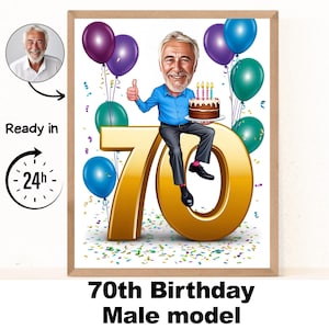May include: A framed 70th birthday caricature. A man with a thumbs-up sits on a gold number 70, surrounded by teal, purple, and blue balloons, and a birthday cake. The text reads "70th Birthday Male model".