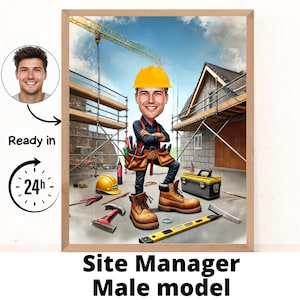 Regalo para constructor, caricatura personalizada de trabajador de la construcción, dibujo de caricatura digital a partir de una foto, manitas masculino.