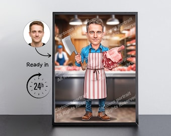 Butcher Gift – Custom Caricature Portrait From Your Photo / Butcher