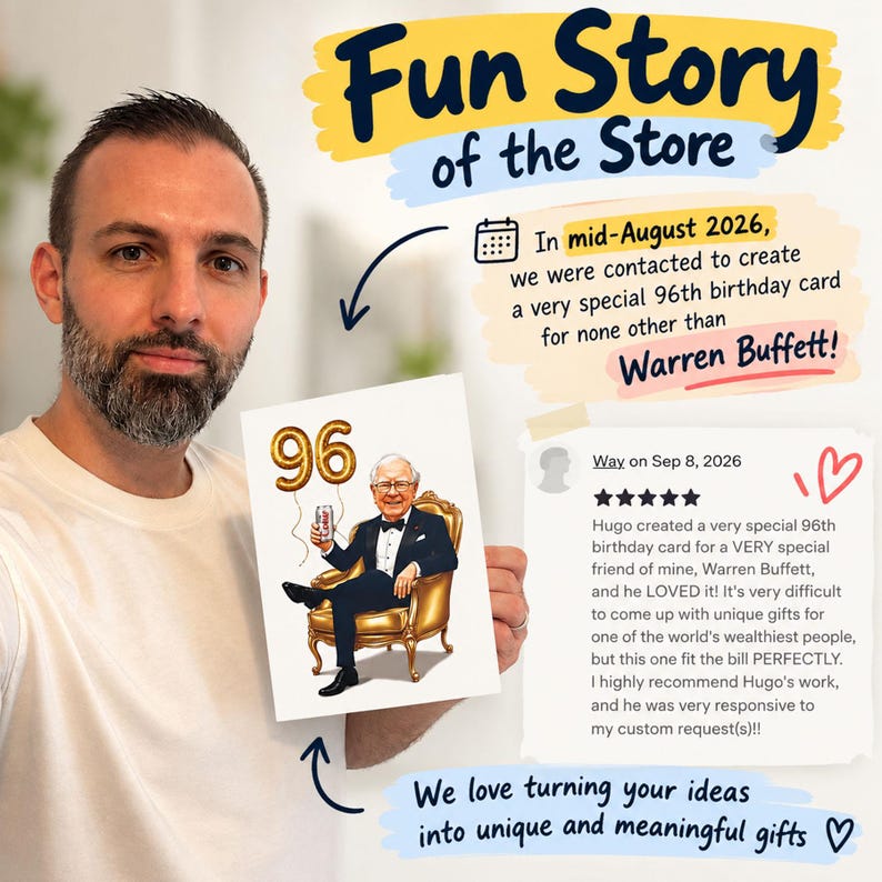 Op de afbeelding: Een witte wenskaart met een cartoonillustratie van Warren Buffett in smoking, zittend in een gouden stoel met een frisdrankblikje, en gouden ballonnen in de vorm van het getal 96. Tekst bevat Fun Story of the Store en een beoordeling.