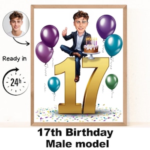 Benutzerdefiniertes 17. Mann-Karikatur-Porträt, Karikatur zum 17. Geburtstag, Geburtstagskarikatur, personalisiertes Geburtstagsgeschenk, Geburtstag des Mannes, einzigartige Karte 17