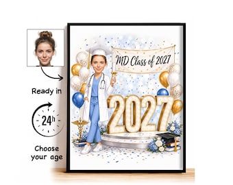 Custom Medical School Graduation Caricature from Photo, MD Class of 2027 Cartoon Portrait, Medical School Graduation Gift for Her