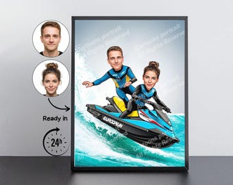 Jet Ski Rider Gift – Custom Caricature Portrait From Your Photo / Jet ski rider