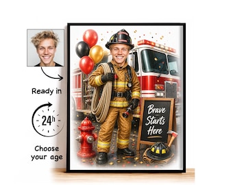 Custom Fire Academy Graduation Caricature from Photo, Brave Starts Here Cartoon Portrait, Graduation Gift for Him