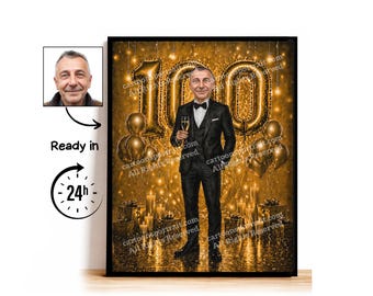 Aangepaste karikatuur voor 100e verjaardag, 100e verjaardag, karikatuurtekening, wenskaart, verjaardagskaart, verjaardagsuitnodiging, jubileumkaart