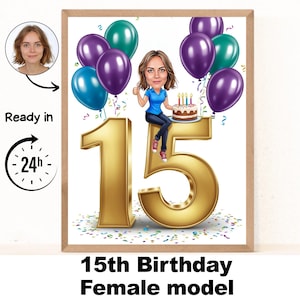 Benutzerdefinierte 15. Frau Cartoon Portrait, 15. Geburtstag Karikatur, Geburtstag Cartoon, personalisiertes Geburtstagsgeschenk, Frauengeburtstag, 15. einzigartige Karte