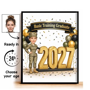 Custom Basic Training Graduation Caricature from Photo, Basic Training Graduate Cartoon Portrait, Graduation Gift for Her image 1