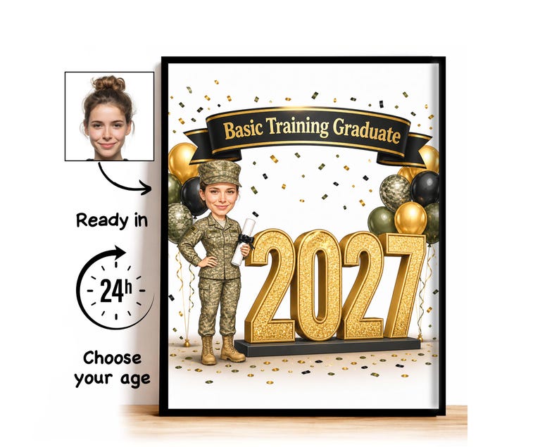 Custom Basic Training Graduation Caricature from Photo, Basic Training Graduate Cartoon Portrait, Graduation Gift for Her image 1
