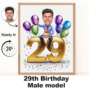 Benutzerdefinierte 29. Mann Cartoon Porträt, 29. Geburtstag Karikatur, Geburtstag Cartoon, personalisierte Geburtstagsgeschenk, Geburtstag des Mannes, 29. Einzigartige Karte
