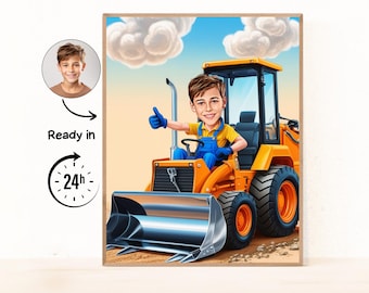 Backhoe Operator Gift - Custom Caricature From Photo, Backhoe Loader Gift, gift for son, gift for boy