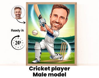 Custom Cricket Player Cartoon Portrait, Cricket Caricature, Gift for Cricket Player, Cricket Cartoon, Custom Caricature from Photo, Cricket