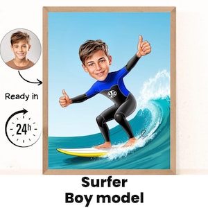 Surfing Cartoon Drawing from Photo, Custom Surf Boy Gift, Funny Surf Gift for Men, Surf Caricature Portrait from Photo, Surf Lover Gift Idea