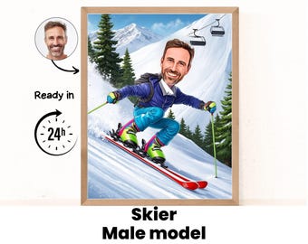 Ski Cartoon Portrait | Ski gift | Custom Ski Caricature | Ski caricature from photo | gift for Skier | Ski portrait | Ski cartoon gift
