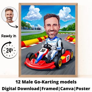 以下が含まれることがあります： レースコースでゴーカートに乗っている人のデジタルイラスト。人物は青と白のレーシングスーツとヘルメットを着用しています。ゴーカートは赤色で、側面に30の数字が書かれています。背景は白い雲のある青い空です。