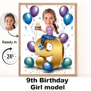 Benutzerdefinierte 9. Mädchen Cartoon Porträt, 9. Geburtstag Karikatur, Geburtstag Cartoon, personalisiertes Geburtstagsgeschenk, Mädchen Geburtstag, 9. Einzigartige Karte