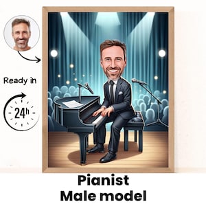 Retrato personalizado de caricatura de pianista masculino, dibujo personalizado de caricatura de pianista femenina a partir de foto, caricatura divertida de pianista, regalo para pianista