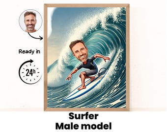 Surfing Cartoon Drawing from Photo, Custom Surf Boy Gift, Funny Surf Gift for Men, Surf Caricature Portrait from Photo, Surf Lover Gift Idea