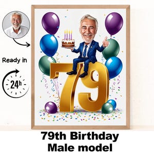 Portrait personnalisé de dessin animé homme 79e, caricature de 79e anniversaire, dessin animé d'anniversaire, cadeau d'anniversaire personnalisé, anniversaire d'homme, carte de 79e