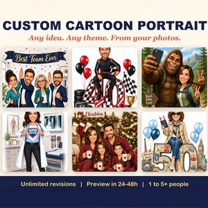 May include: A digital display of six custom cartoon portraits featuring various themes including a professional team, a race car driver, a hiker with a sasquatch, a doctor, a family in Christmas pajamas, and a traveler with the number 50.