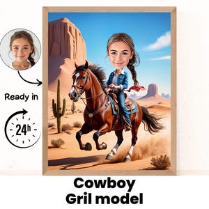 Cowboy girl cartoon Portrait, western Cowboy daughter gift / Cowboy niece gift / Gift for kid / Custom Cowboy Caricature / Cowboy caricature