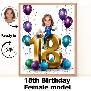 Aangepaste 18e vrouw cartoon portret, 18e verjaardag karikatuur, cartoon verjaardag, gepersonaliseerde verjaardagscadeau, verjaardag vrouw, 18e unieke kaart