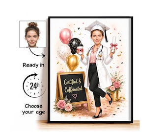Custom PA School Graduation Caricature from Photo, Certified and Caffeinated Cartoon Portrait, Graduation Gift for Her