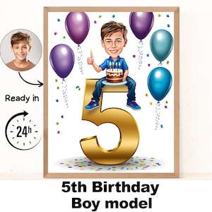 Portrait personnalisé de dessin animé pour 5e garçon, caricature pour 5e anniversaire, dessin animé d'anniversaire, cadeau d'anniversaire personnalisé, anniversaire de garçon, 5e carte unique