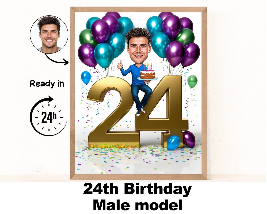 Custom 24th Man Cartoon Portrait, 24th Birthday Caricature, Birthday ...