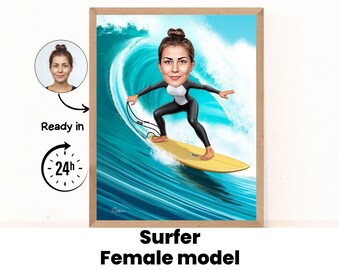 Surfing Cartoon Drawing from Photo, Custom Surf Boy Gift, Funny Surf Gift for Men, Surf Caricature Portrait from Photo, Surf Lover Gift Idea