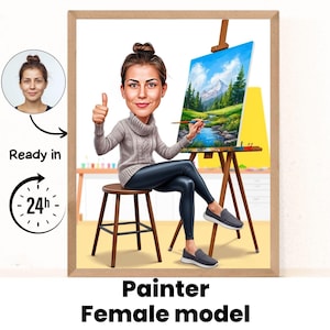 Schilder karikatuur tekening van foto, grappig kunstenaar cadeau voor vrouwen, verf kunstenaar cadeau voor vrouwen, schilder verjaardag, kunstenaar cartoon van foto