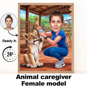 Animal Caregiver Female cartoon Portrait / Animal Caregiver gift / Custom Animal Caregiver Caricature / Animal Caregiver caricature from pho