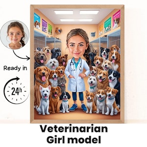 Veterinarian girl cartoon Portrait / Veterinarian daughter gift / Veterinarian niece gift / Gift for kid / Custom Veterinarian Caricature /