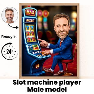 Retrato de desenho animado masculino de máquina caça-níqueis / Presente de máquina caça-níqueis / Caricatura de máquina caça-níqueis personalizada / Caricatura de máquina caça-níqueis de foto / Presente para caça-níqueis