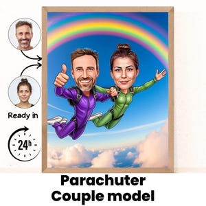 Parachute-Paragliding Couple cartoon Portrait / Parachute-Paragliding gift / Custom Parachute-Paragliding Caricature / Parachute-Paragliding