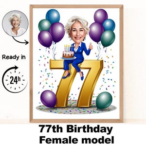 Custom 77th Woman Cartoon Portrait, 77th Birthday Caricature, Birthday Cartoon, Personalized Birthday Gift, Woman's Birthday, 77th Card