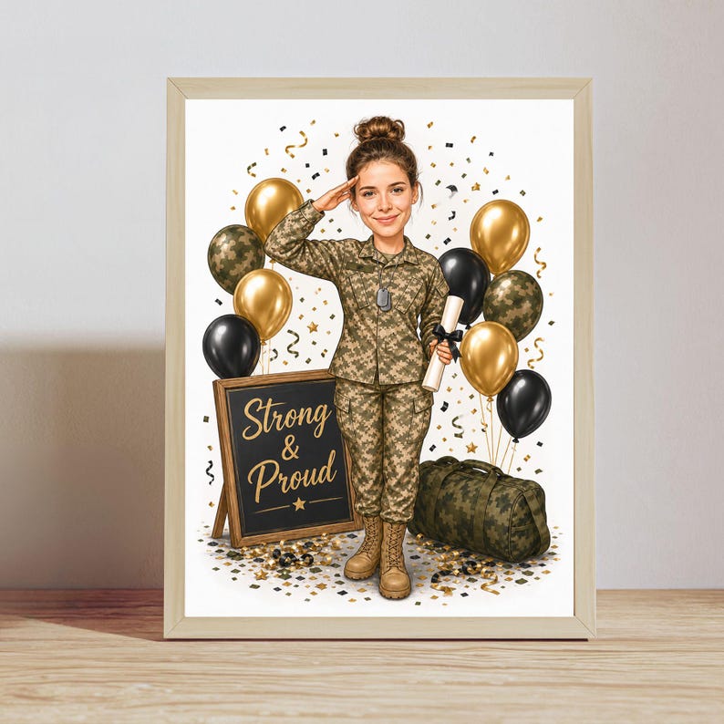 Op de afbeelding: Een ingelijste illustratie van een militair in camouflage-uniform die salueert en een diploma vasthoudt. De sc&egrave;ne bevat gouden en zwarte ballonnen, confetti, een camouflage-reistas en een krijtbord met de tekst Strong & Proud.