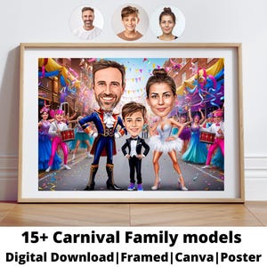 Familieportret carnaval | Aangepaste carnaval-familiekarikatuur | Feestelijke karikatuur van foto | cadeau voor familie | Karikatuur van het carnaval