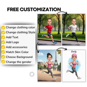 The image is a collage of three images featuring cartoon-style portraits of a man and a woman running. The collage includes a close-up of the woman running, a side view of the man running, and a full-body view of both individuals running. The collage also includes text that allows for customization options such as changing the clothing color, adding text, and selecting a logo. The background color and skin color can also be customized, and the person's gender can be changed.