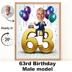Retrato de desenho animado personalizado do 63º homem, caricatura de aniversário de 63 anos, desenho animado de aniversário, presente de aniversário personalizado, aniversário de homem, cartão de 63 anos