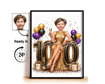 Aangepaste karikatuur voor 100e verjaardag, 100e verjaardag, karikatuurtekening, wenskaart, verjaardagskaart, verjaardagsuitnodiging, jubileumkaart