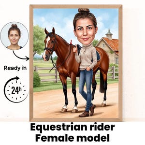 Personalised Dressage Cartoon Portrait, Custom Horse Rider Caricature Drawing, Funny Caricature, Gift for Her, Horse Lover, Horse Riding