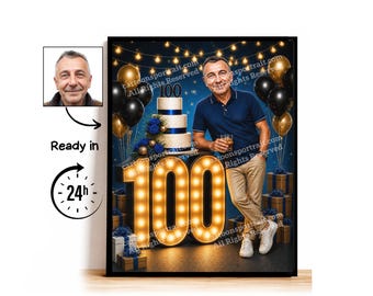 Aangepaste karikatuur voor 100e verjaardag, 100e verjaardag, karikatuurtekening, wenskaart, verjaardagskaart, verjaardagsuitnodiging, jubileumkaart