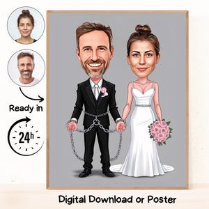Portrait personnalisé de dessin animé de couples de mariage, caricature de mariage, dessin animé de mariage, cadeau de mariage, caricature personnalisée à partir d'une photo, cadeau de couple