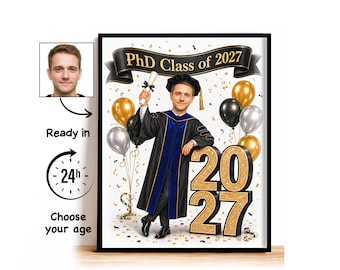 Custom PhD Graduation Caricature from Photo, PhD Class of 2027 Cartoon Portrait, PhD Graduation Gift for Him